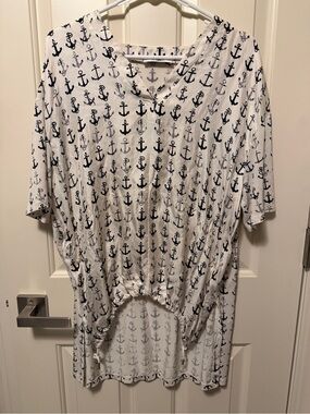 Max Mara Anchor Print Tie-Hem Tunic Top - Navy on White